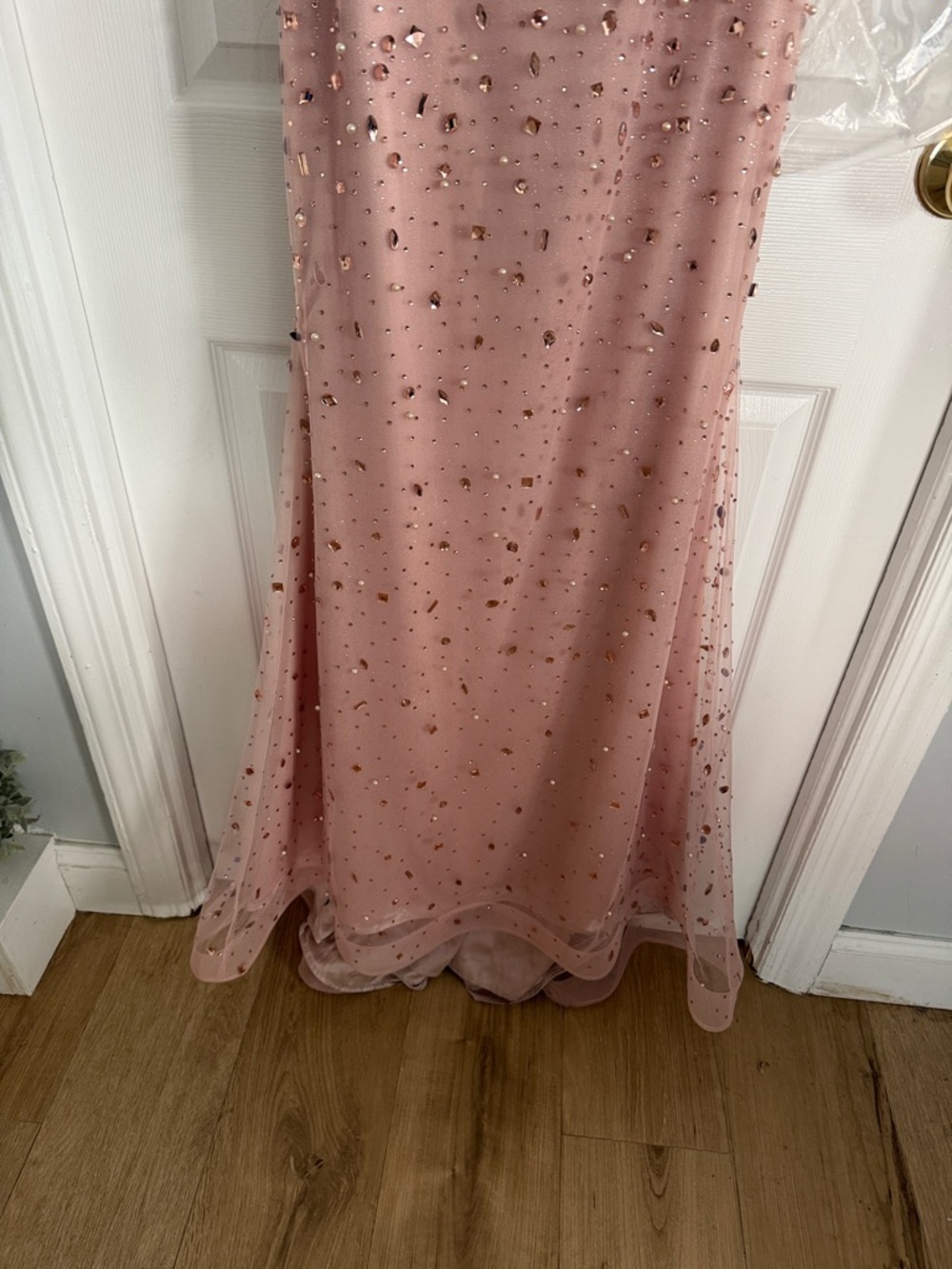 Blush Pink Strapless Beaded Evening Gown - Picture 3 of 6
